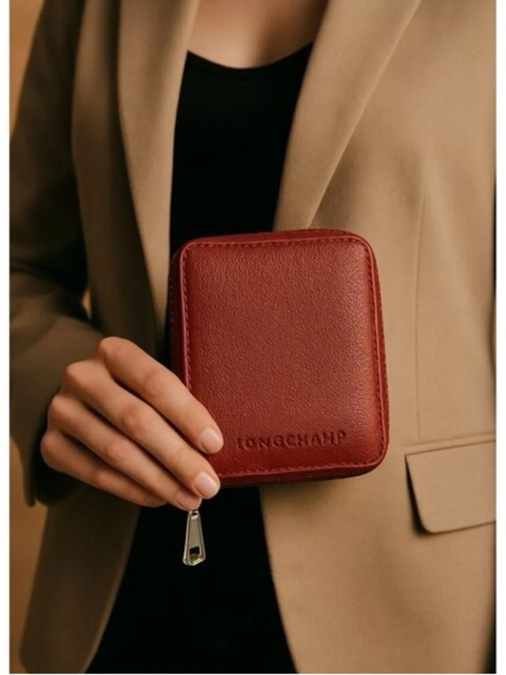 LONGCHAMP PEBBLED LEATHER BIFOLD ZIP AROUND WALLET WITH ID WINDOW AMBER NWOT